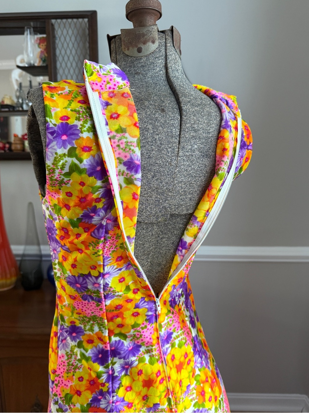 Vtg OOAK 60s/70s Mod Floral Daisy Day Glo Handmade Maxi Dress Sz Sm - Picture 9 of 13